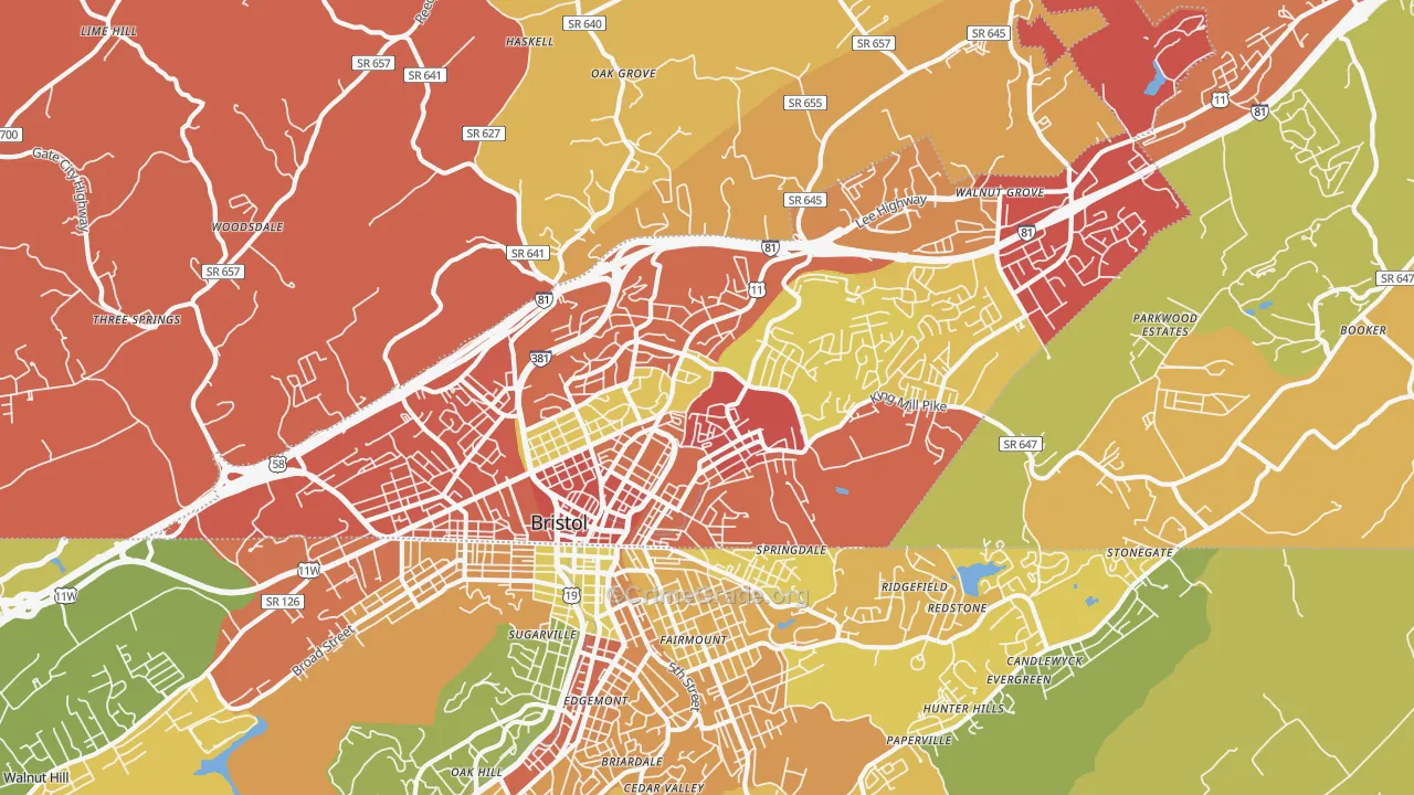 Bristol City, VA Map of Burglary Rates