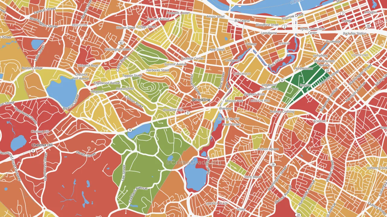 Brookline Village, Brookline, MA Map of Burglary Rates