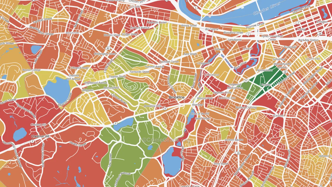 Brookline Village Commercial District, Brookline, MA Map of Burglary Rates