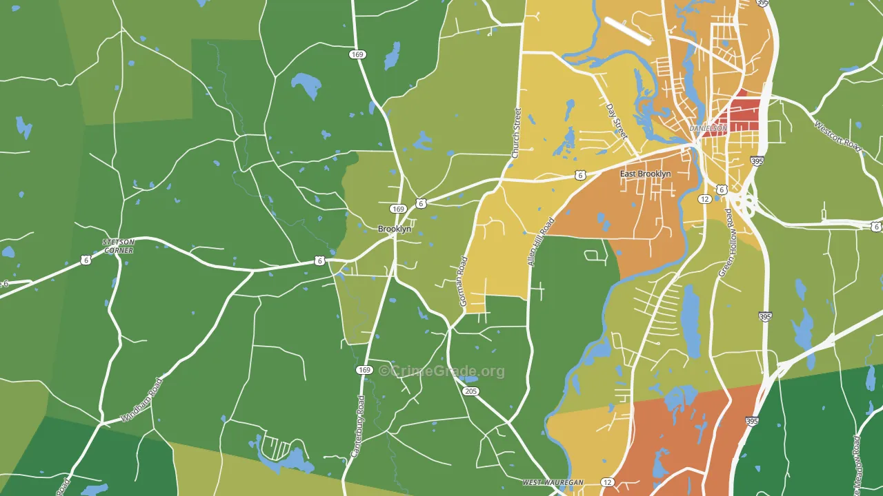 Brooklyn, CT Map of Burglary Rates
