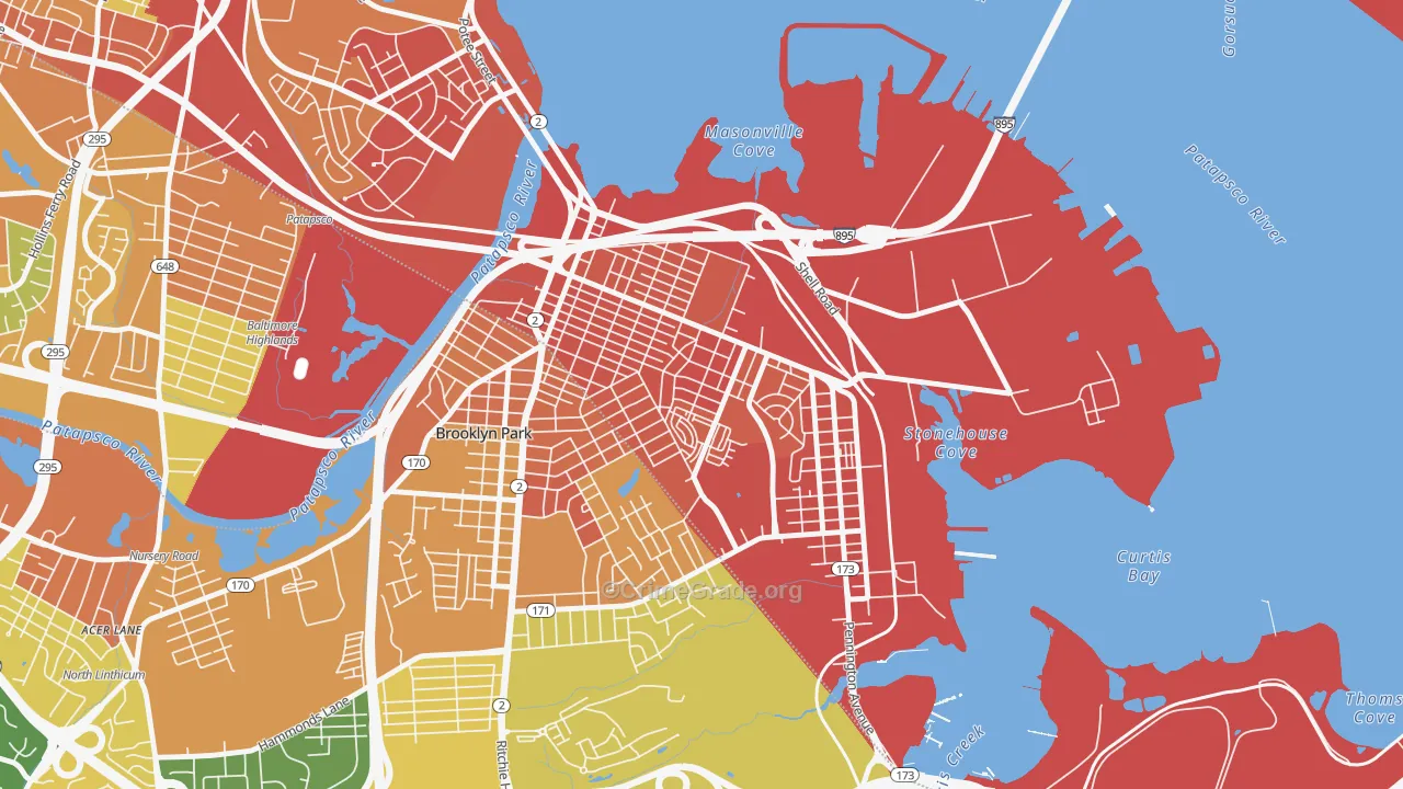Brooklyn-Curtis Bay, Brooklyn, MD Map of Burglary Rates