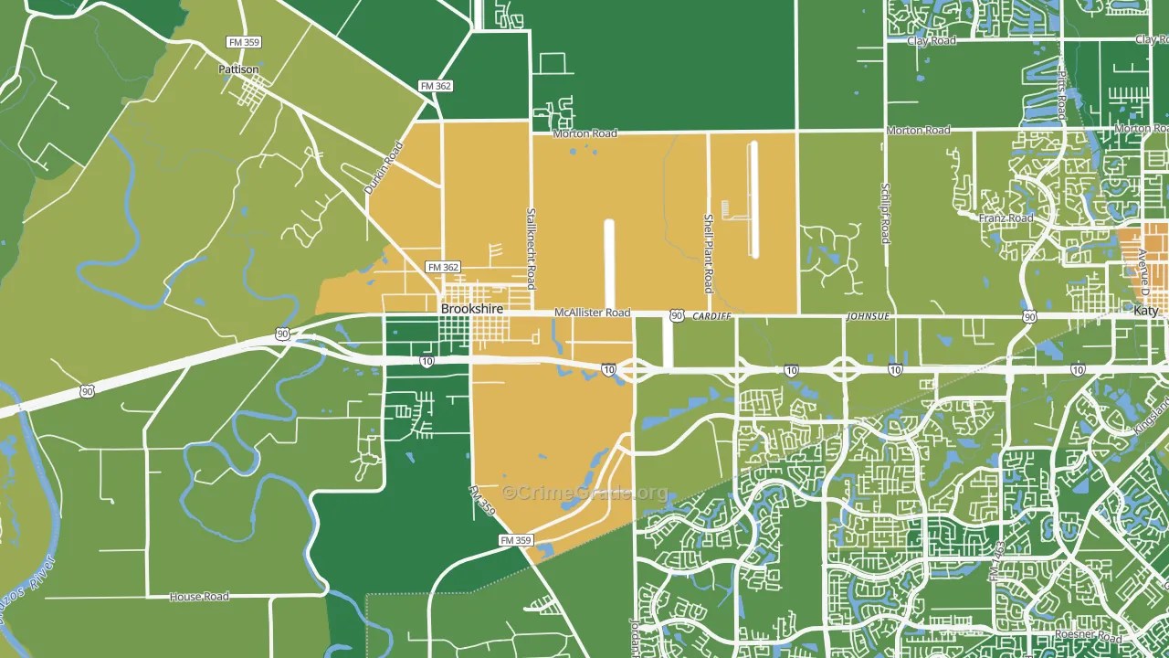 Brookshire, TX Map of Burglary Rates