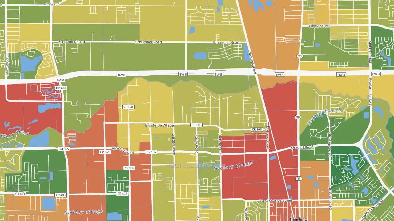 Brookside Village, TX Map of Burglary Rates