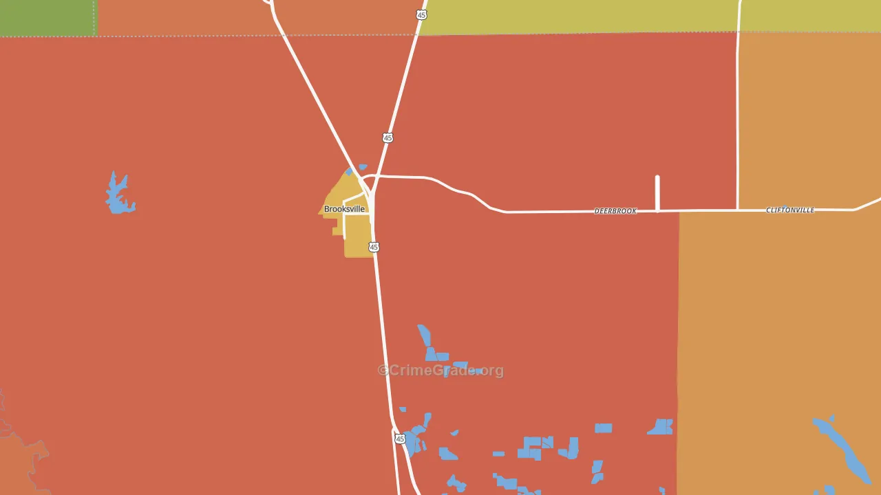 Brooksville, MS Map of Burglary Rates