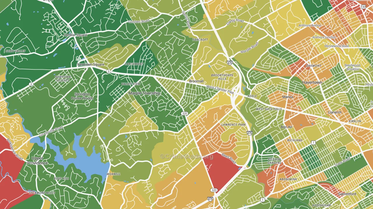 Broomall, PA Map of Burglary Rates