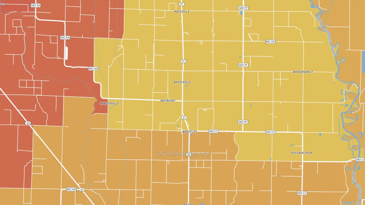 Broseley, MO Map of Burglary Rates