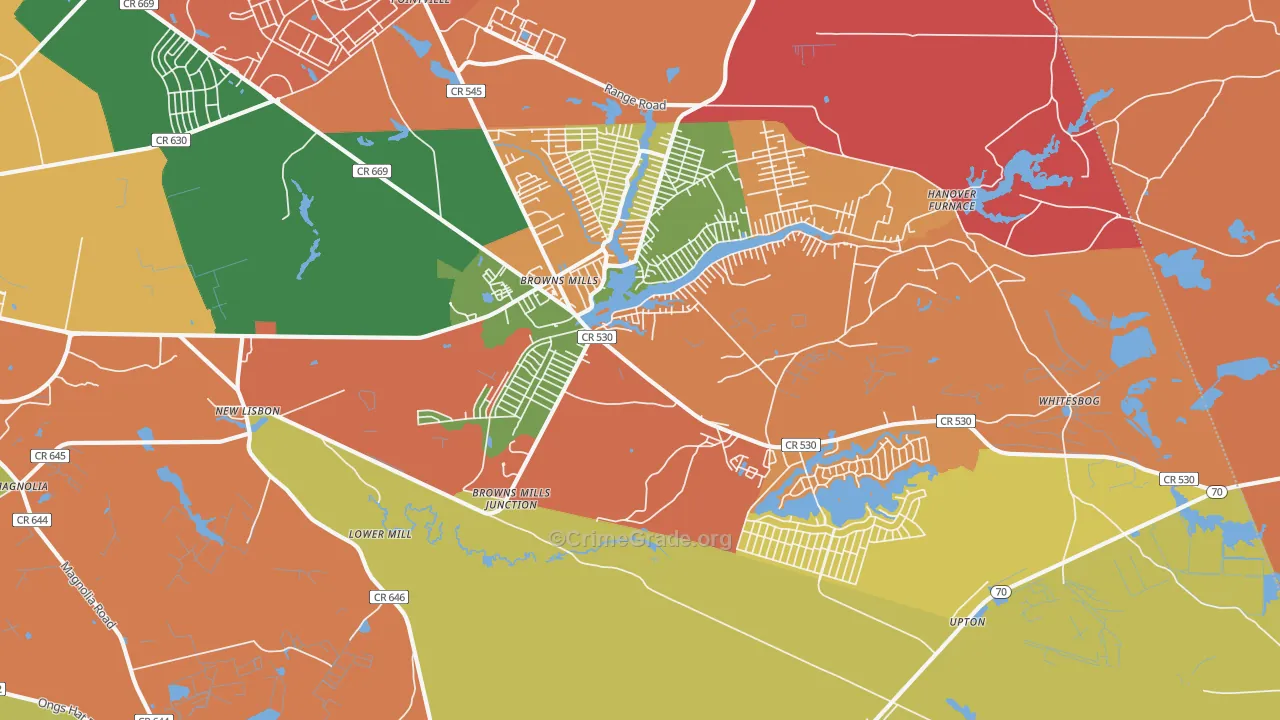 Browns Mills, NJ Map of Burglary Rates