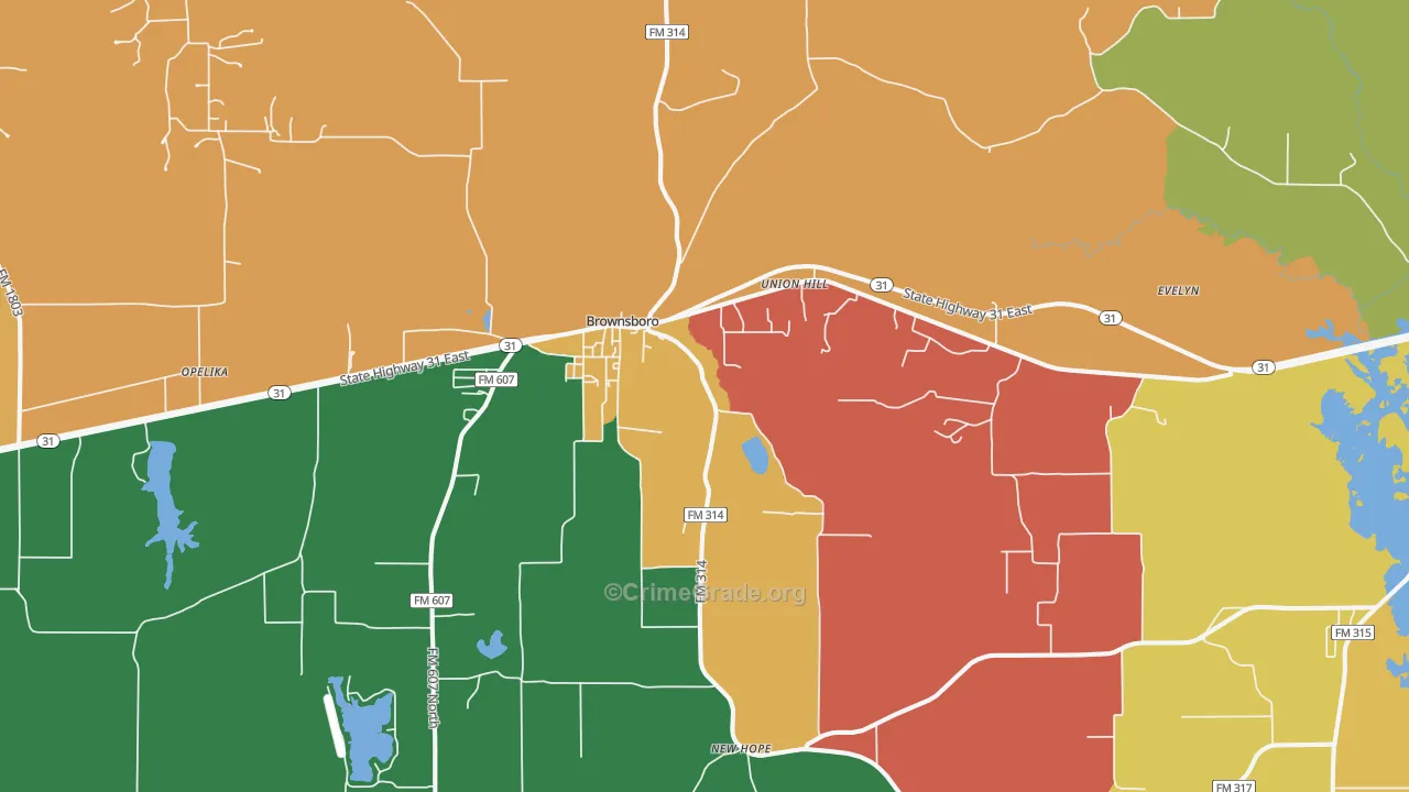 Brownsboro, TX Map of Burglary Rates