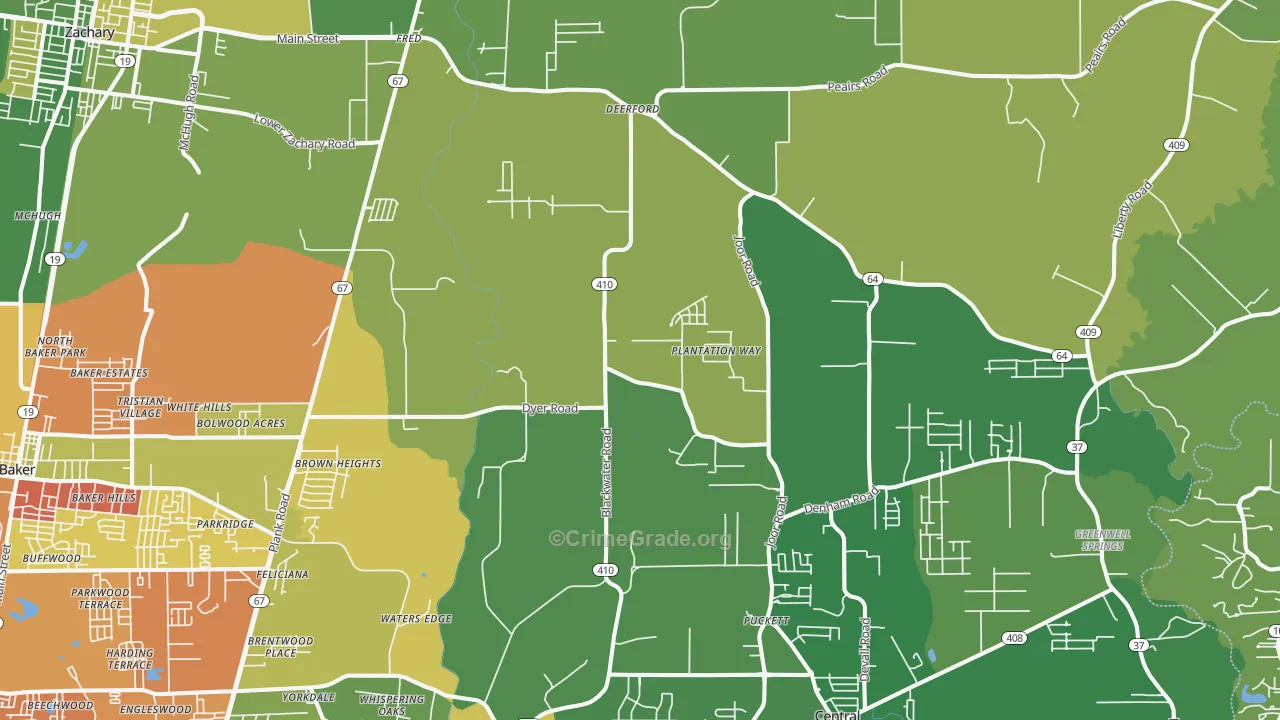 Brownsfield-Central, Baton Rouge, LA Map of Burglary Rates