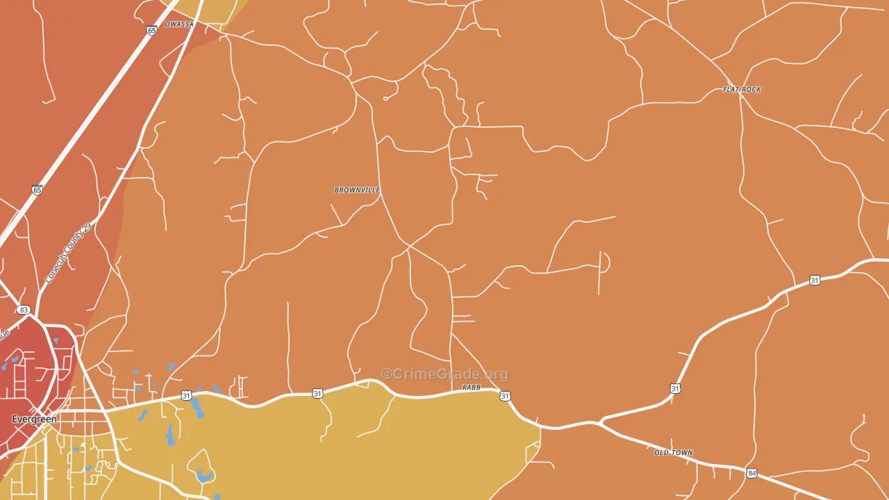 Brownville, AL Map of Burglary Rates
