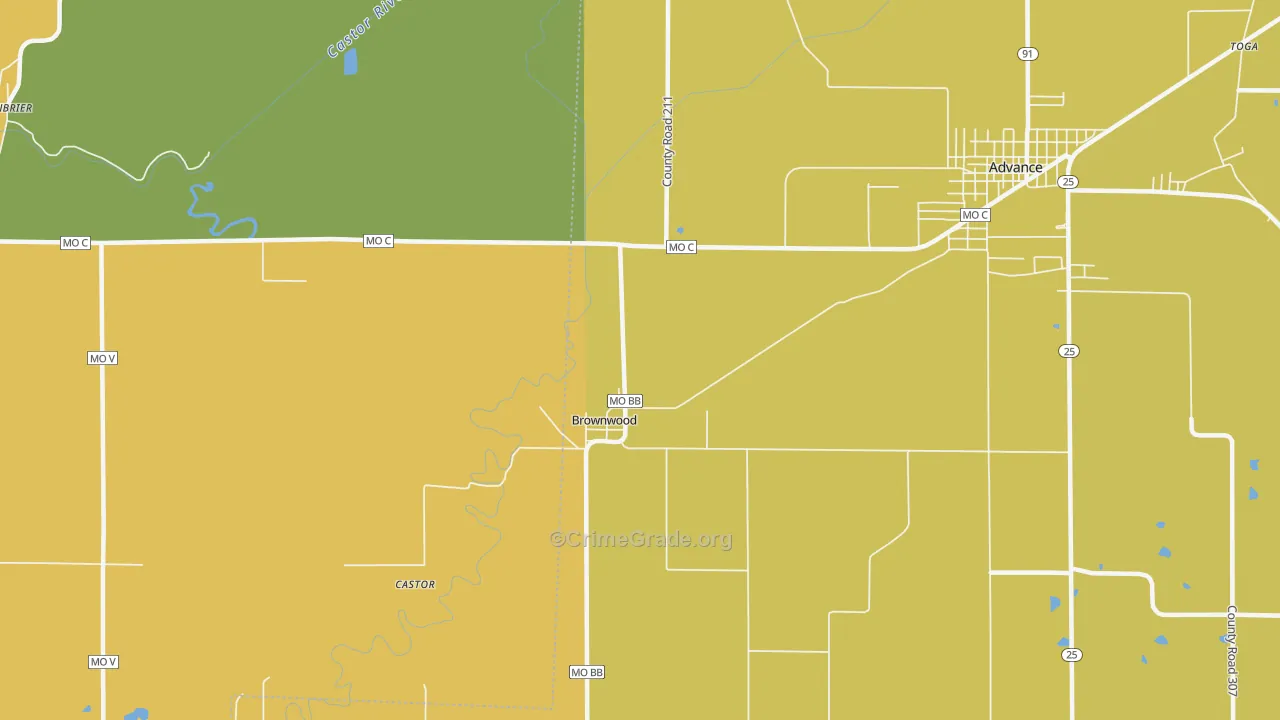 Brownwood, MO Map of Burglary Rates