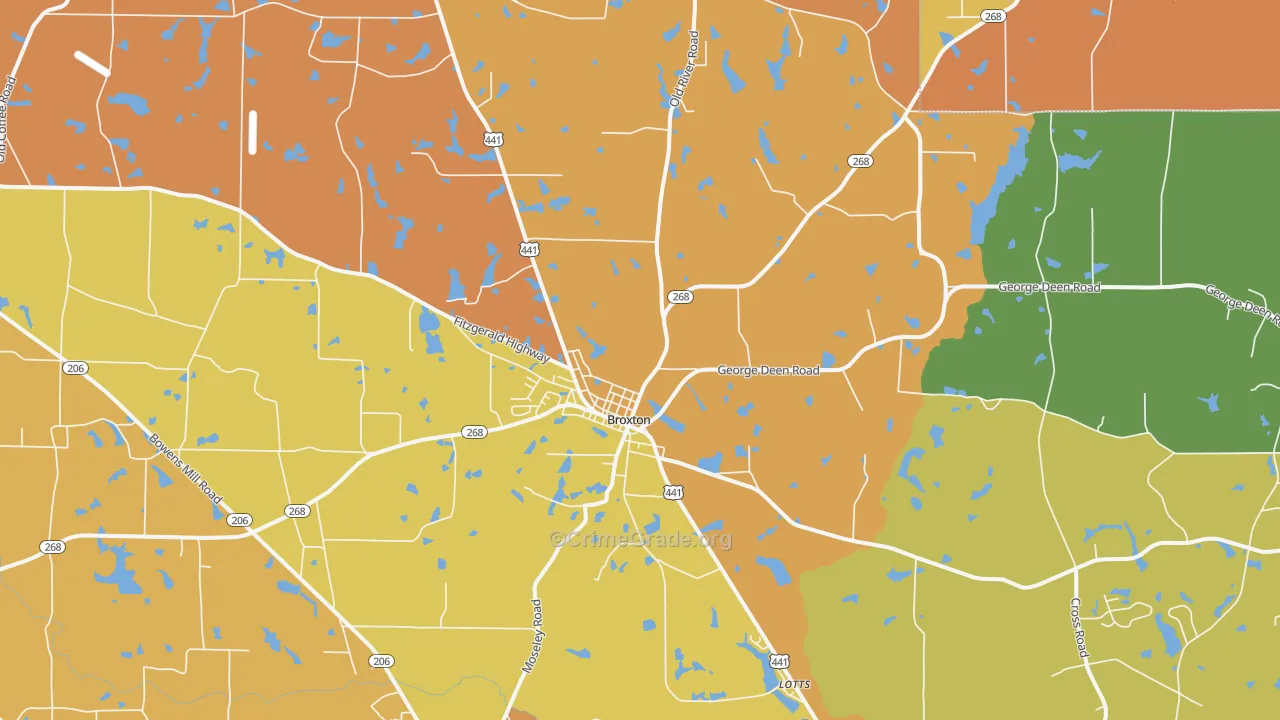 Broxton, GA Map of Burglary Rates
