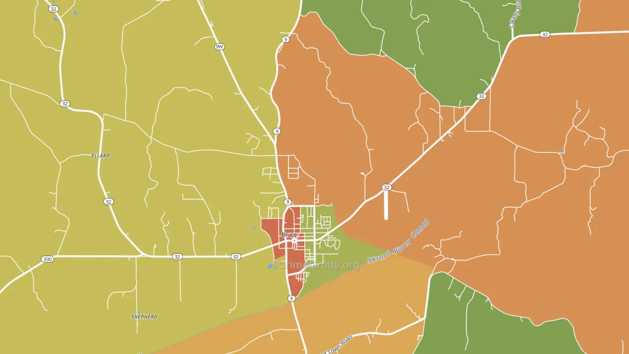 Bruce, MS Map of Burglary Rates