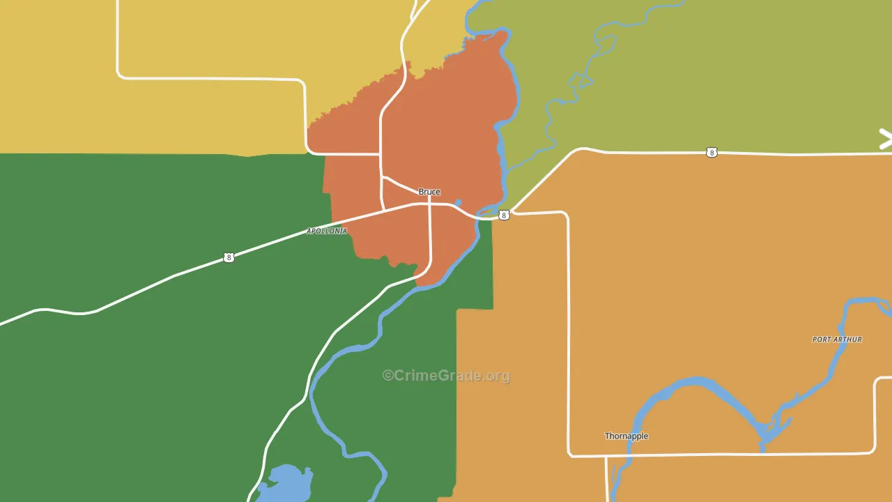 Bruce, WI Map of Burglary Rates