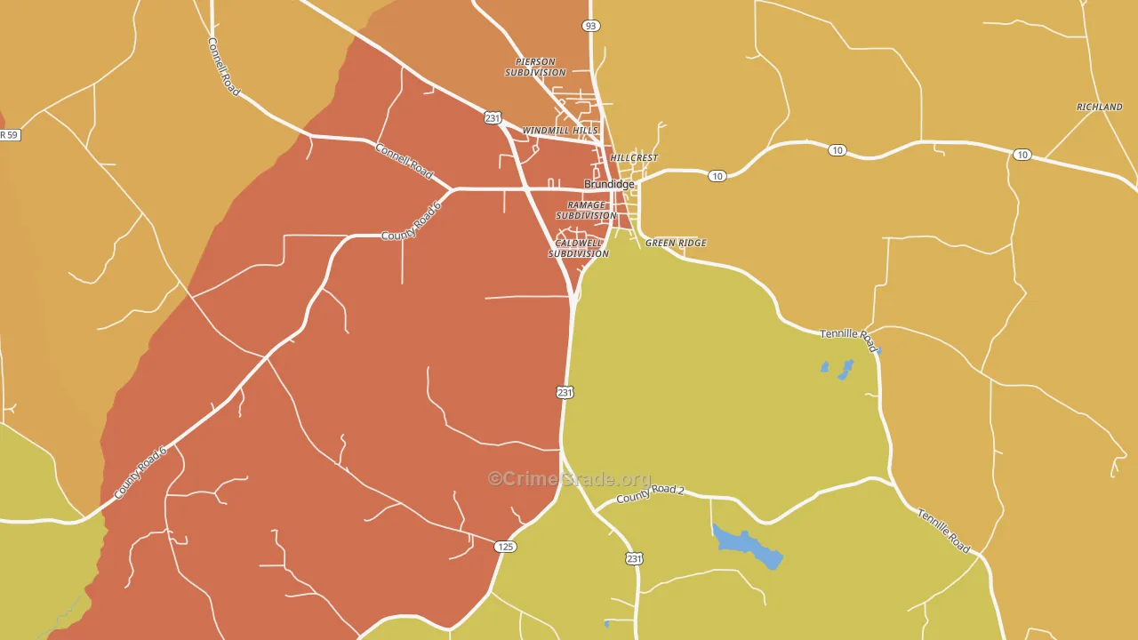 Brundidge, AL Map of Burglary Rates
