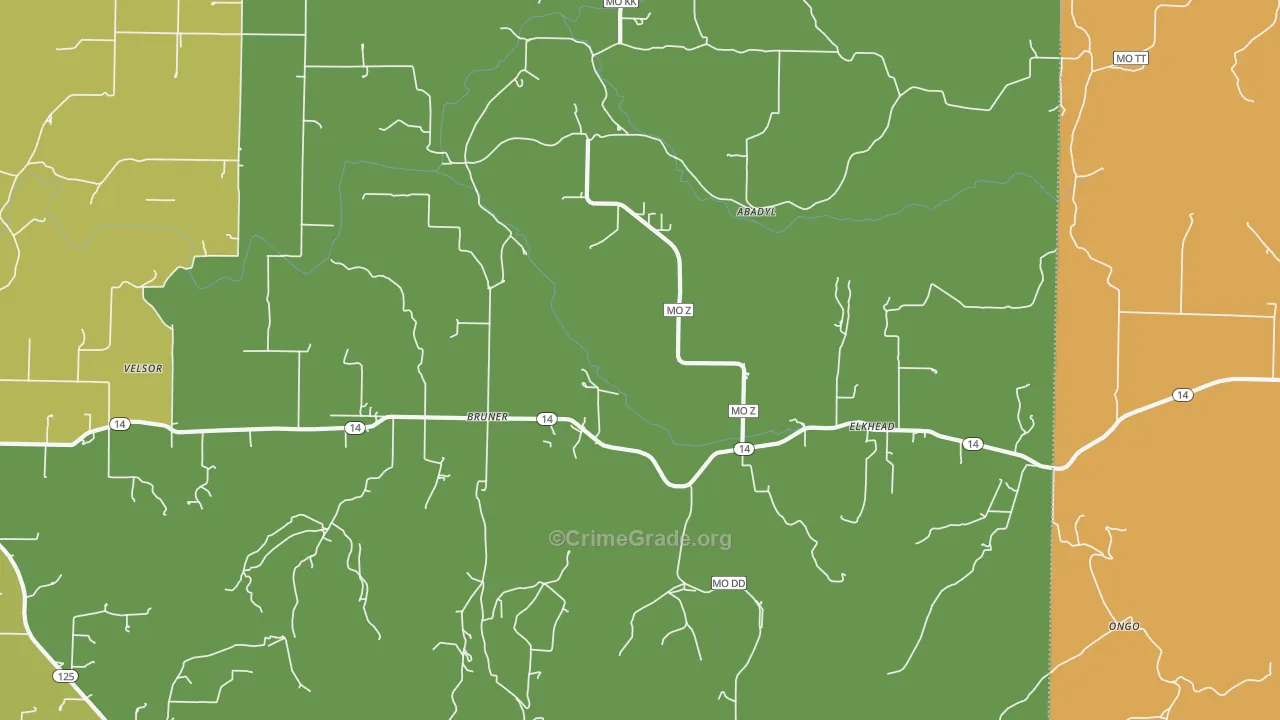 Bruner, MO Map of Burglary Rates