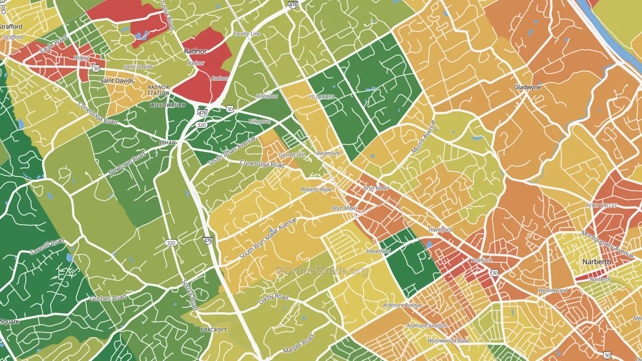 Bryn Mawr, PA Map of Burglary Rates