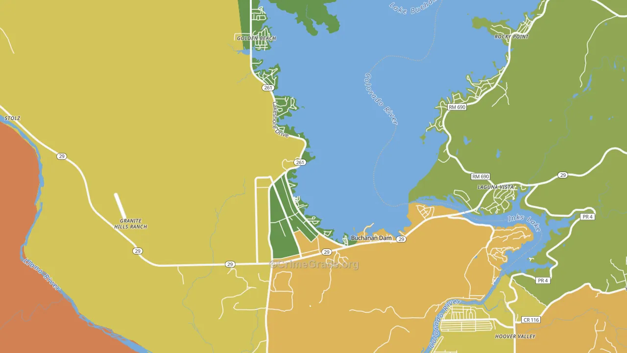 Buchanan Dam, TX Map of Burglary Rates