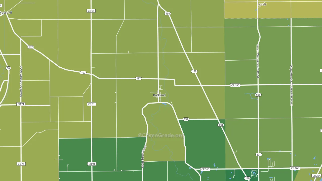 Buckland, OH Map of Burglary Rates