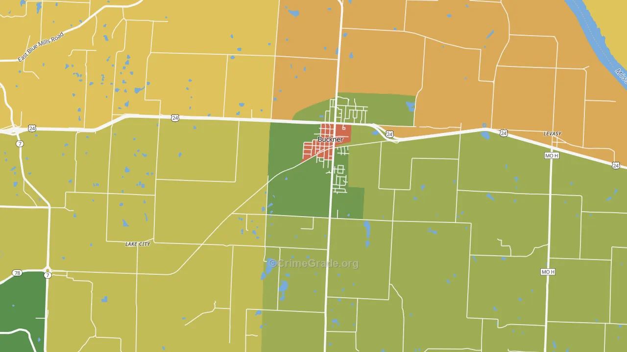 Buckner, MO Map of Burglary Rates