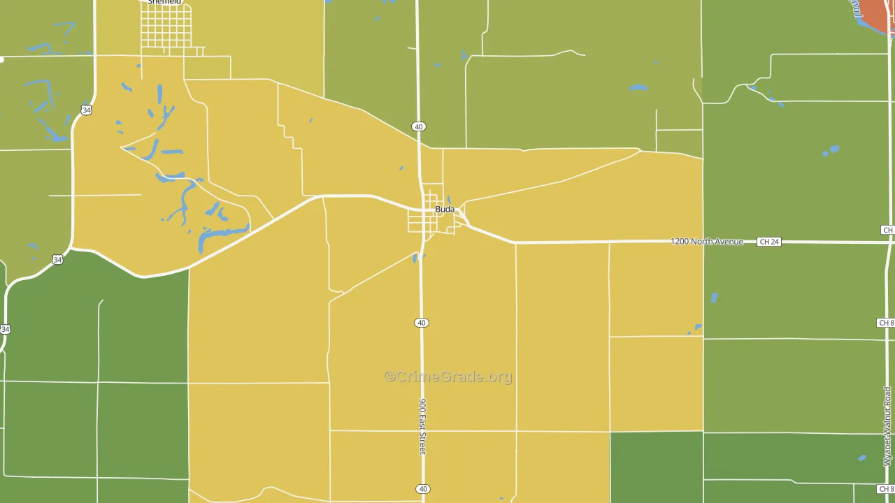 Buda, IL Map of Burglary Rates