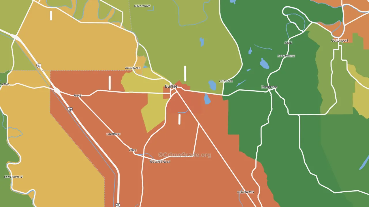Bunkie, LA Map of Burglary Rates