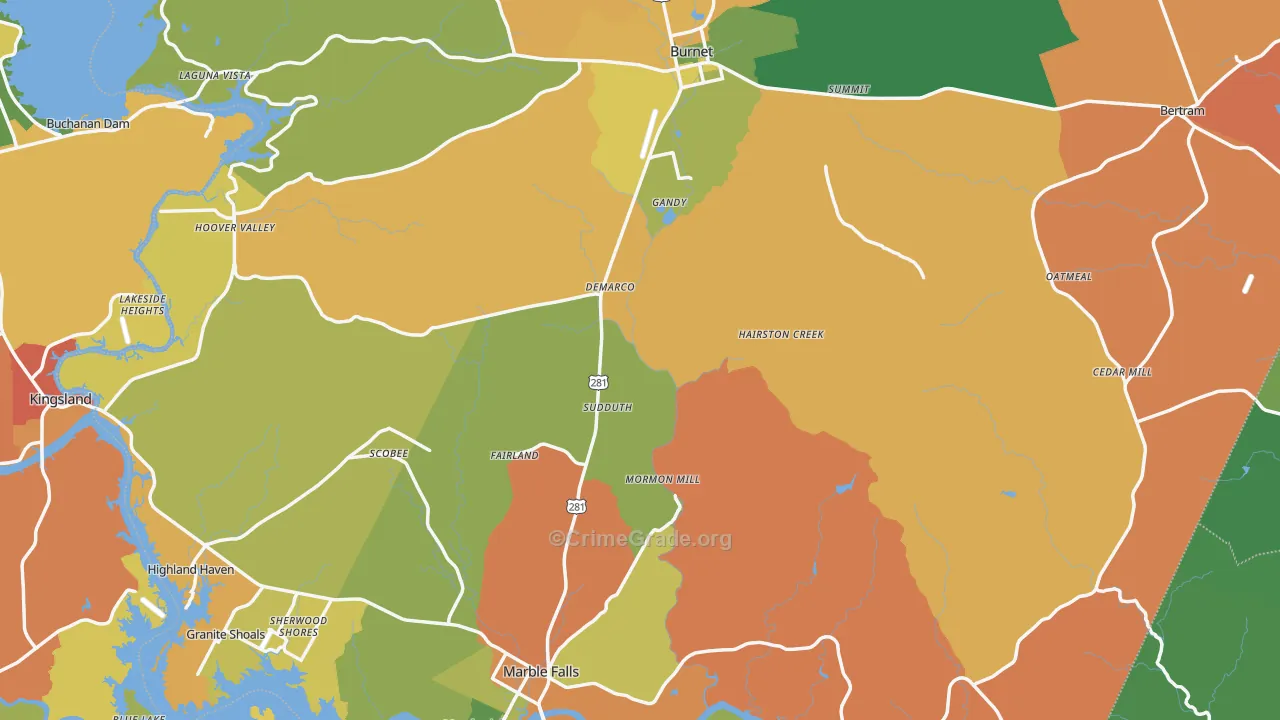 Burnet County, TX Map of Burglary Rates