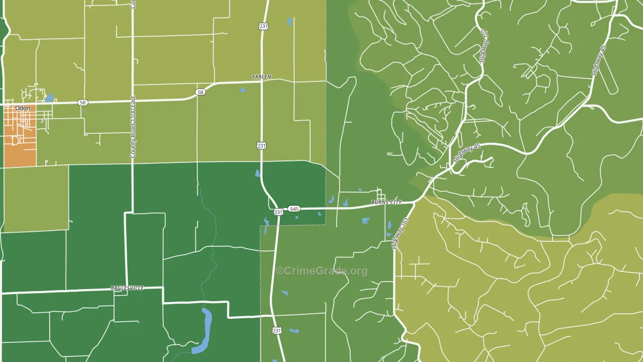 Burns City, IN Map of Burglary Rates