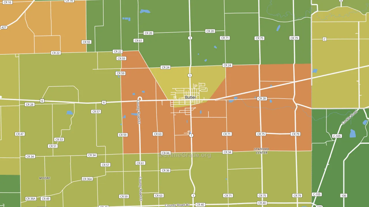 Butler, IN Map of Burglary Rates