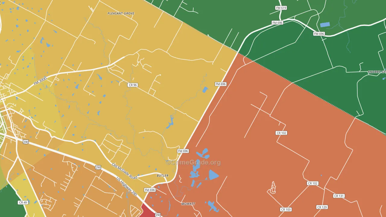 Butler, TX Map of Burglary Rates