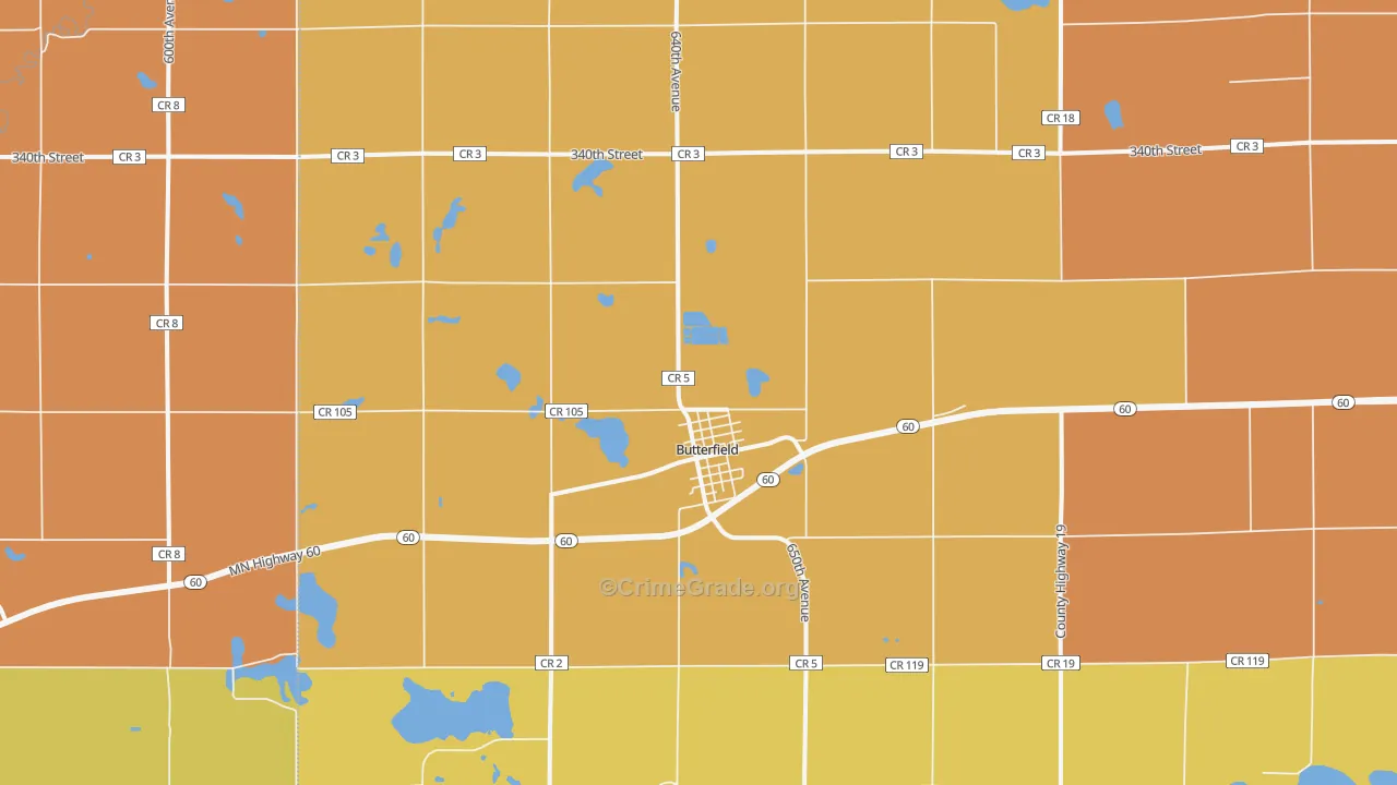 Butterfield, MN Map of Burglary Rates