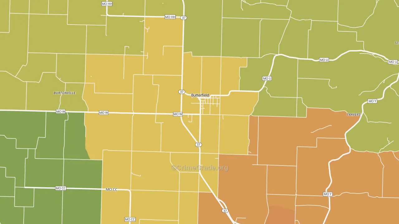 Butterfield, MO Map of Burglary Rates