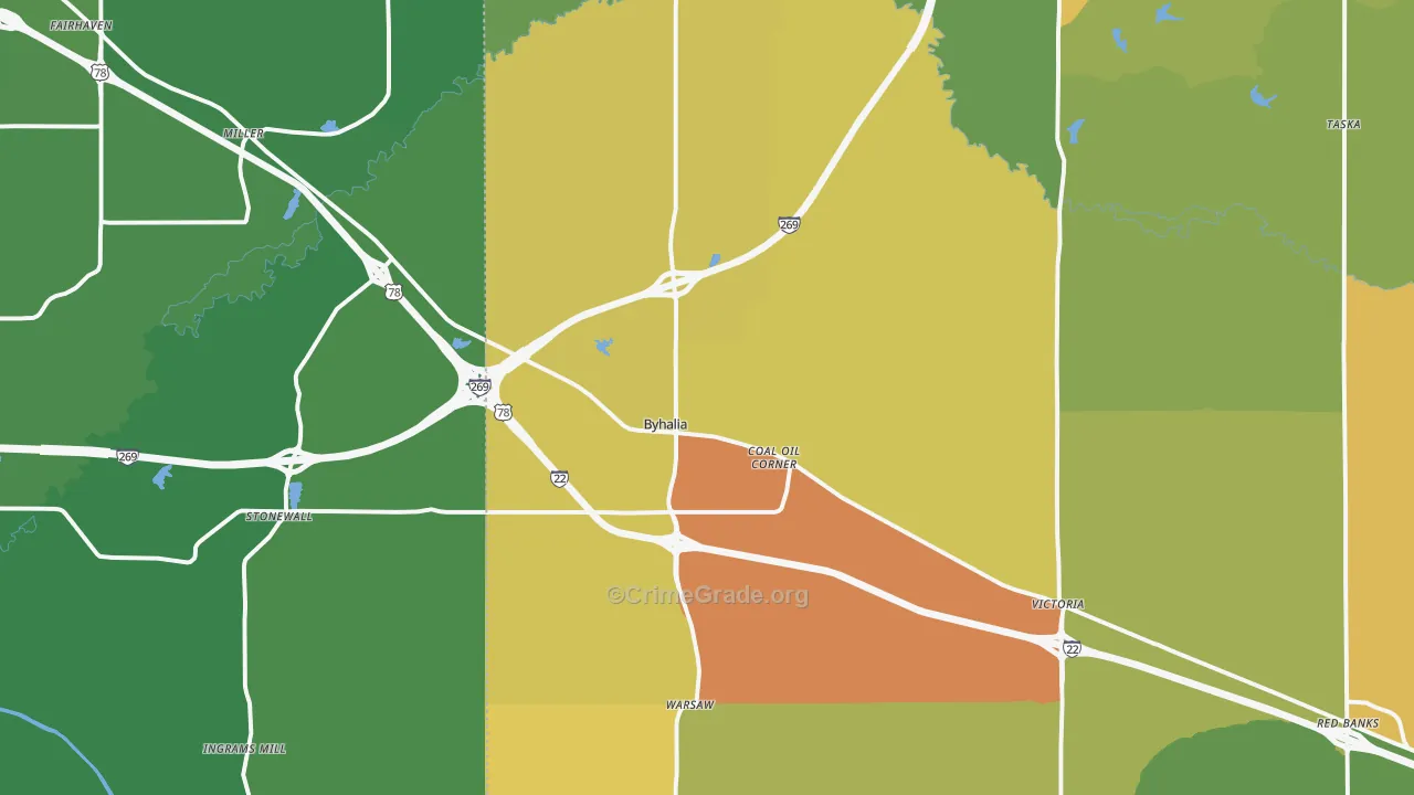 Byhalia, MS Map of Burglary Rates