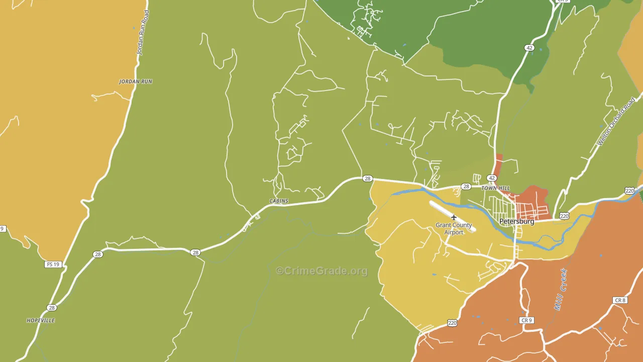 Cabins, WV Map of Burglary Rates