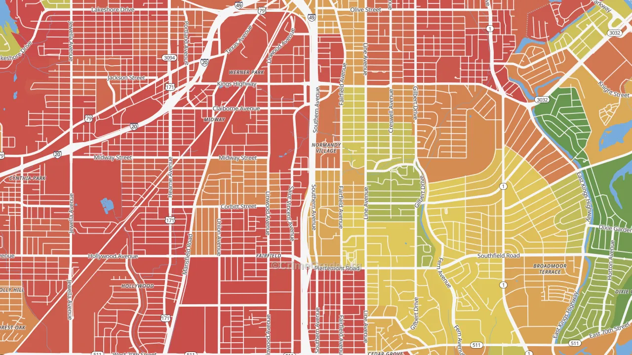 Caddo Heights-South Highlands, Shreveport, LA Map of Burglary Rates