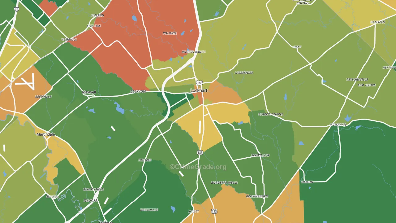 Caldwell County, TX Map of Burglary Rates
