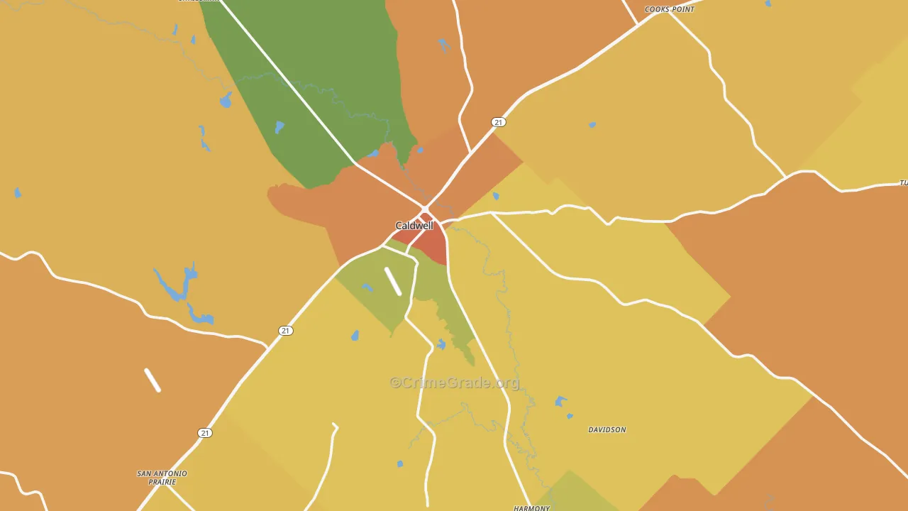 Caldwell, TX Map of Burglary Rates
