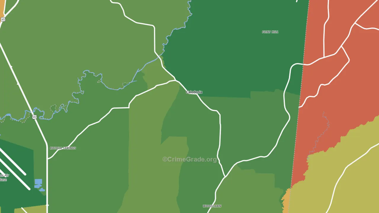 Caledonia, MS Map of Burglary Rates