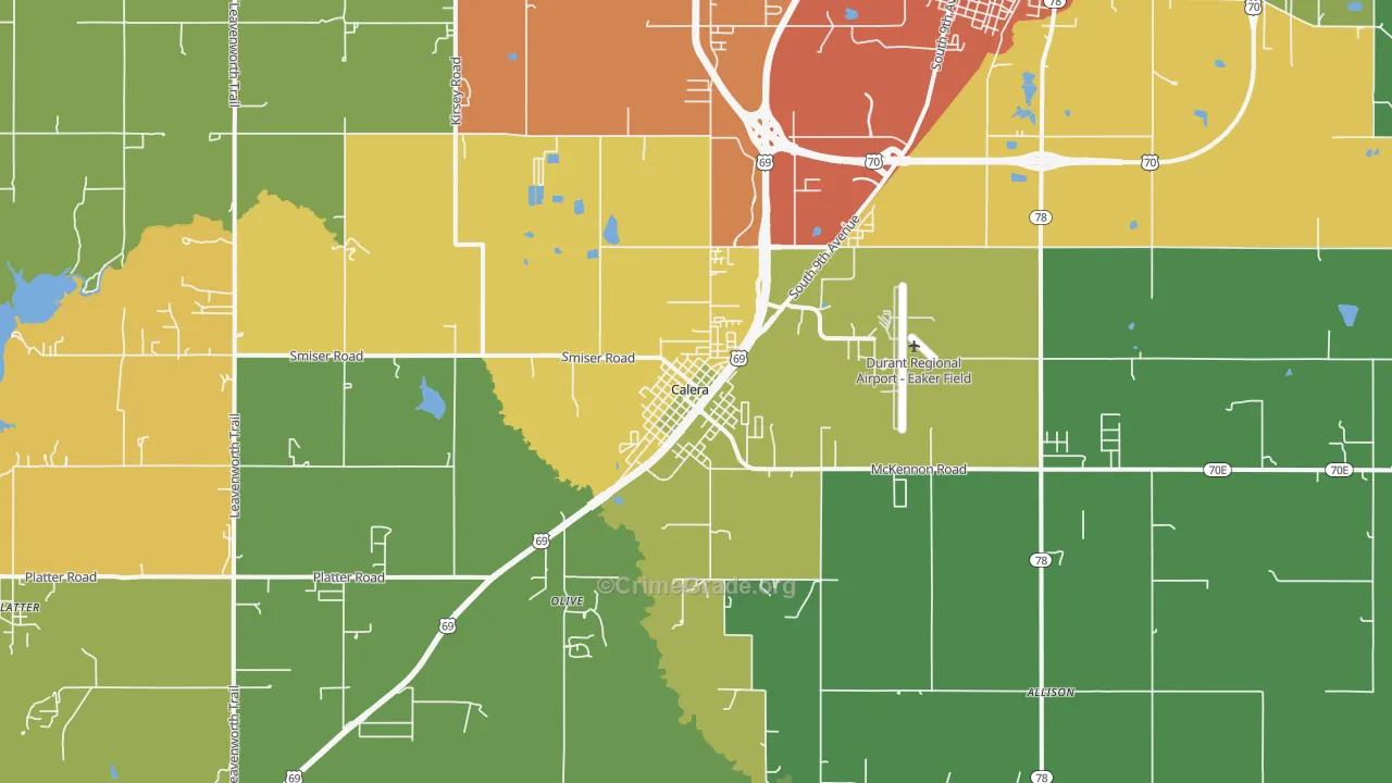 Calera, OK Map of Burglary Rates