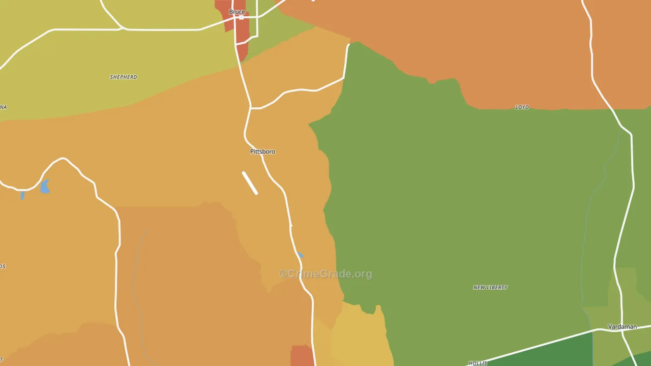 Calhoun County, MS Map of Burglary Rates