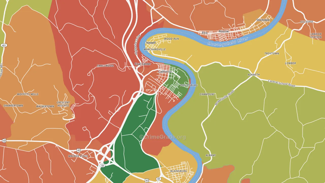 California, PA Map of Burglary Rates