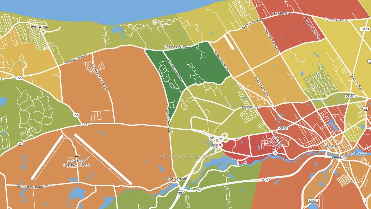 Calverton, NY Map of Burglary Rates