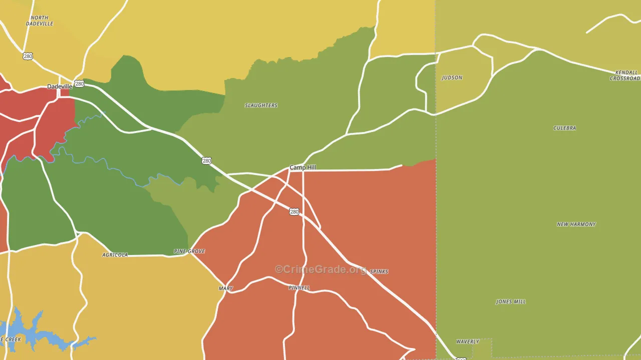 Camp Hill, AL Map of Burglary Rates