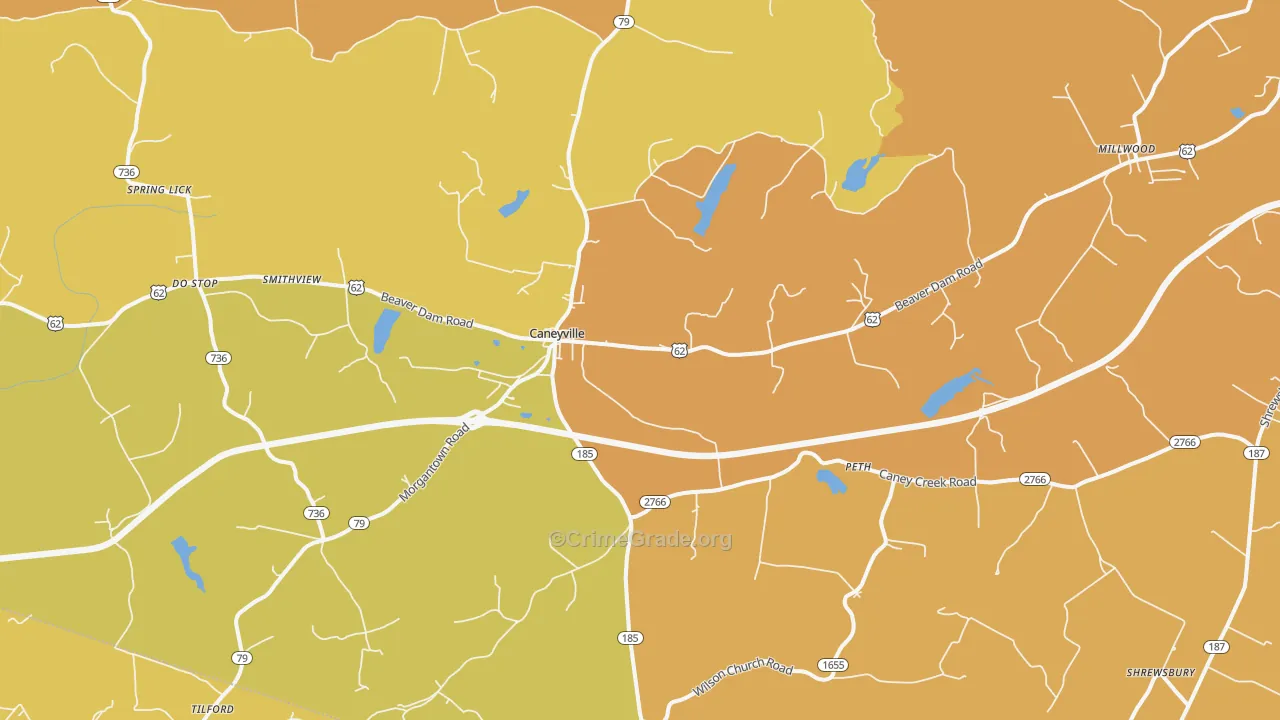 Caneyville, KY Map of Burglary Rates