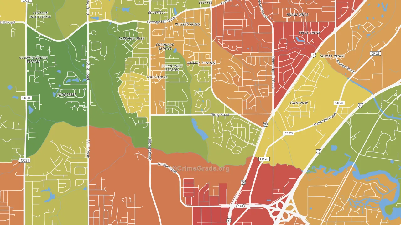 Canterbury, Mobile, AL Map of Burglary Rates