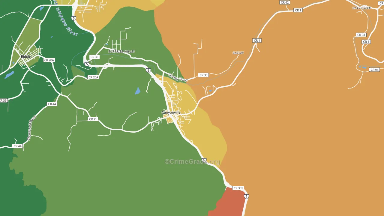 Canyonville, OR Map of Burglary Rates