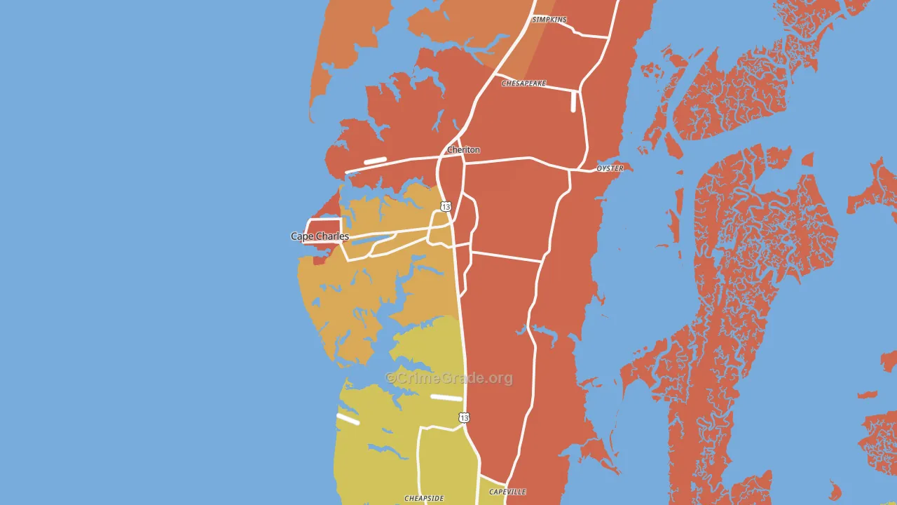 Cape Charles, VA Map of Burglary Rates