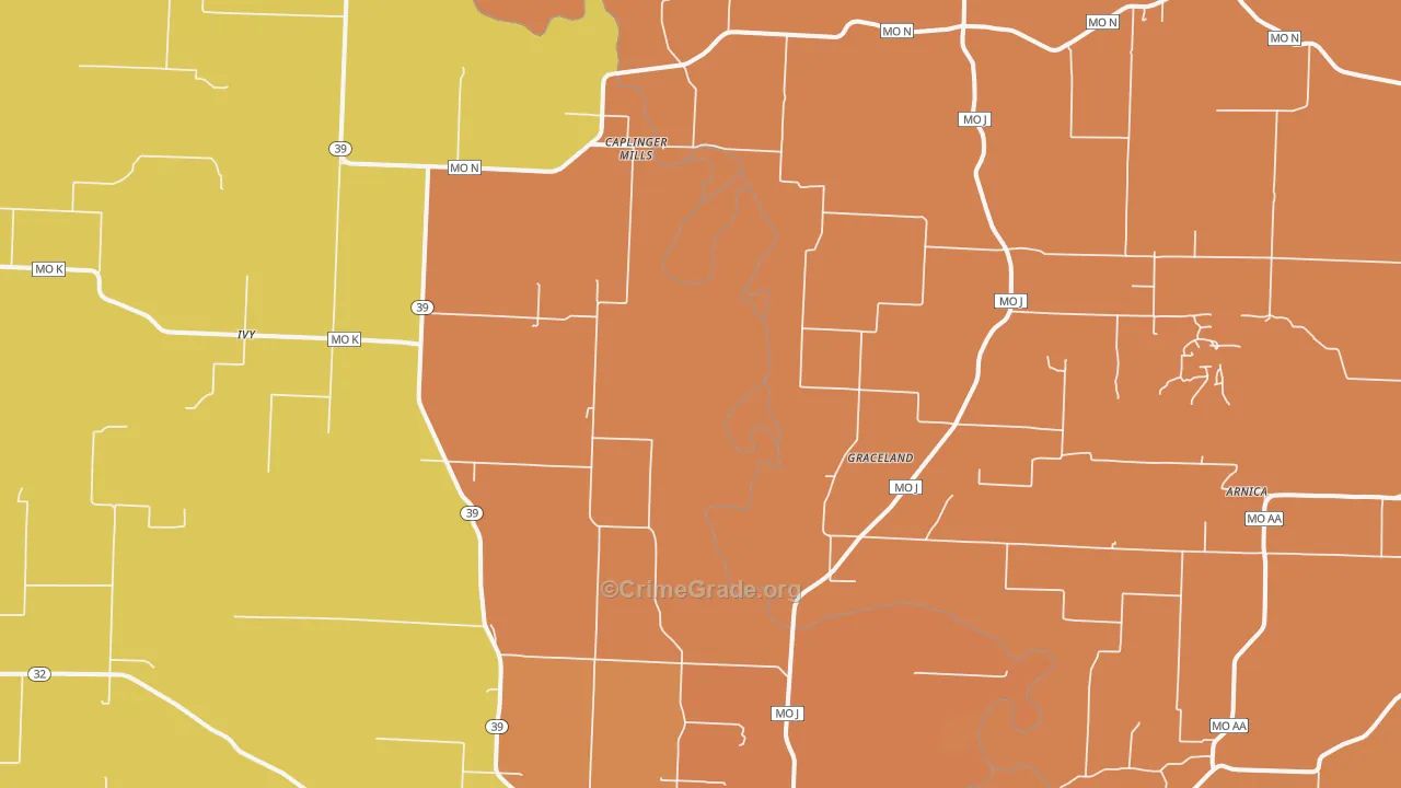 Caplinger Mills, MO Map of Burglary Rates