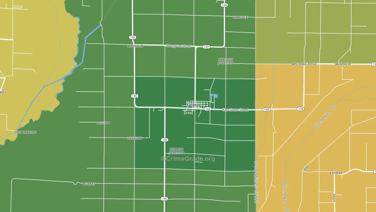 Caraway, AR Map of Burglary Rates