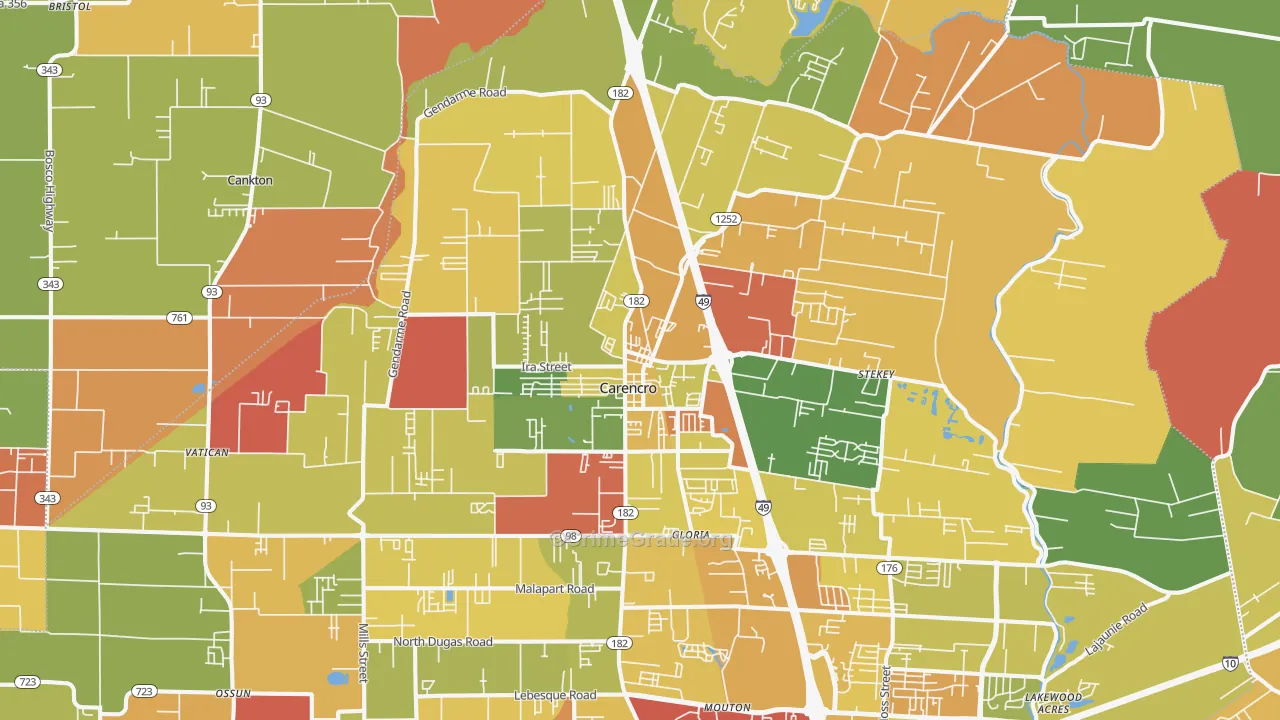 Carencro, LA Map of Burglary Rates